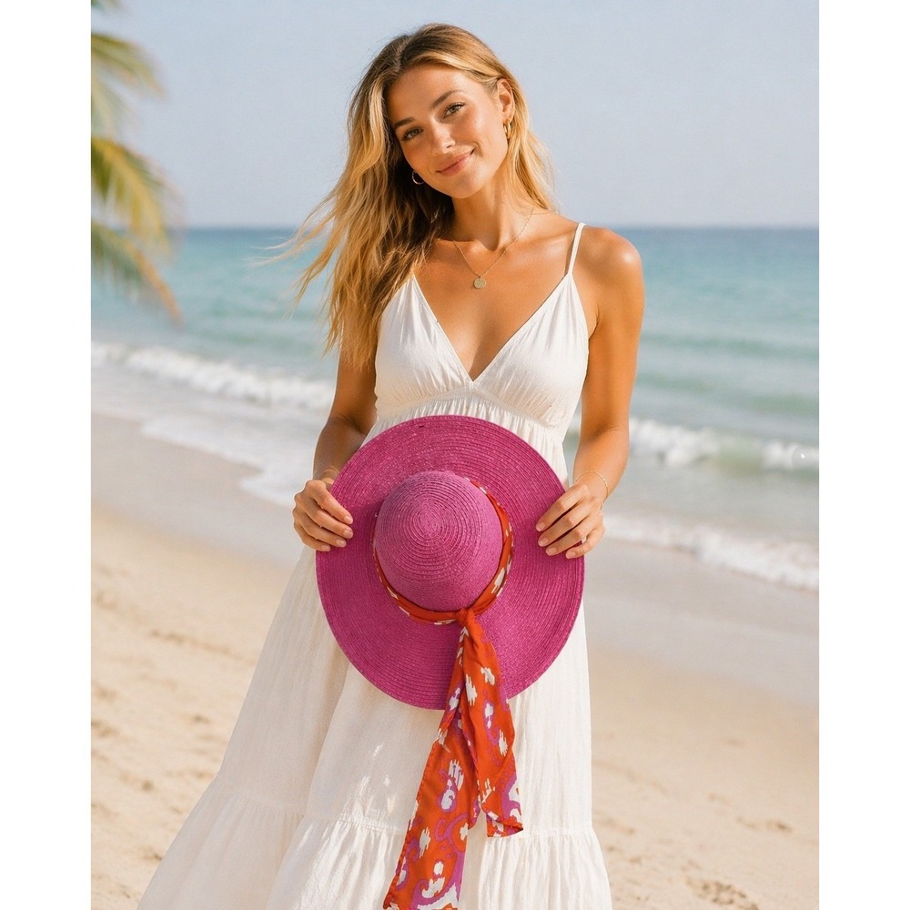 Mud Pie Pink Wide Brim Straw Sun Hat Orange Scarf Floppy Beach One Size